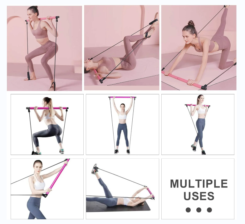 Múltiples usos La barra de tonificación con bandas de resistencia se usa en yoga, pilates, estiramiento, fitness y otros programas de entrenamiento.Los ejercicios de yoga y estiramiento son muy adecuados para que las mujeres embarazadas los utilicen después del embarazo y el parto para mantener una buena salud.Bajo impacto para evitar lesiones, ligero y fácil de transportar.