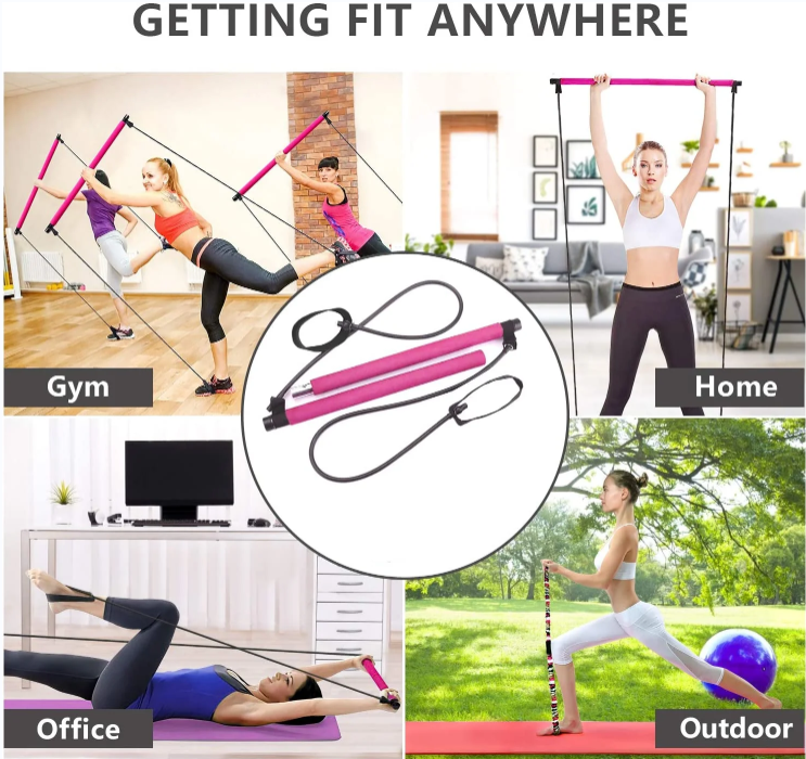 Haga ejercicio cuando lo desee Diseño liviano, desmontable y fácil de configurar.este palo de pilates es fácil de guardar y transportar.se puede usar en casa, en el gimnasio, en el parque, en el jardín o en la oficina.También puedes llevarlo cuando viajes.